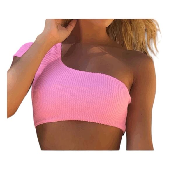 PrettyLittleThings One Shoulder Bikini Top Pink Stretch Crinkle Short Sleeve Swi - Picture 1 of 7